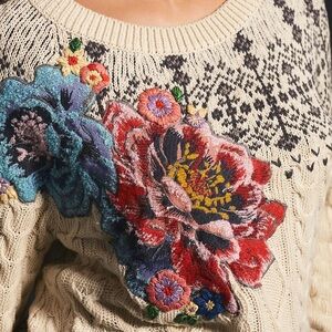 NWT Anthropologie Floral Embroidered Cable Knit Sweater
